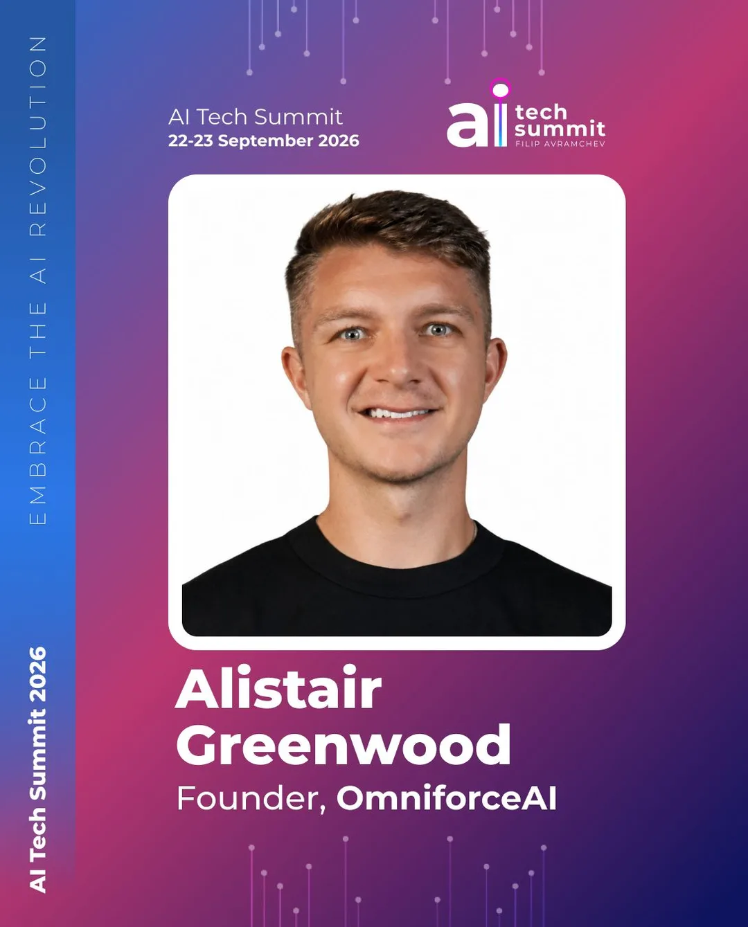 Alistair Greenwood, keynote speaker at AI Tech Summit 2026 in Skopje, founder of Omniforce.ai